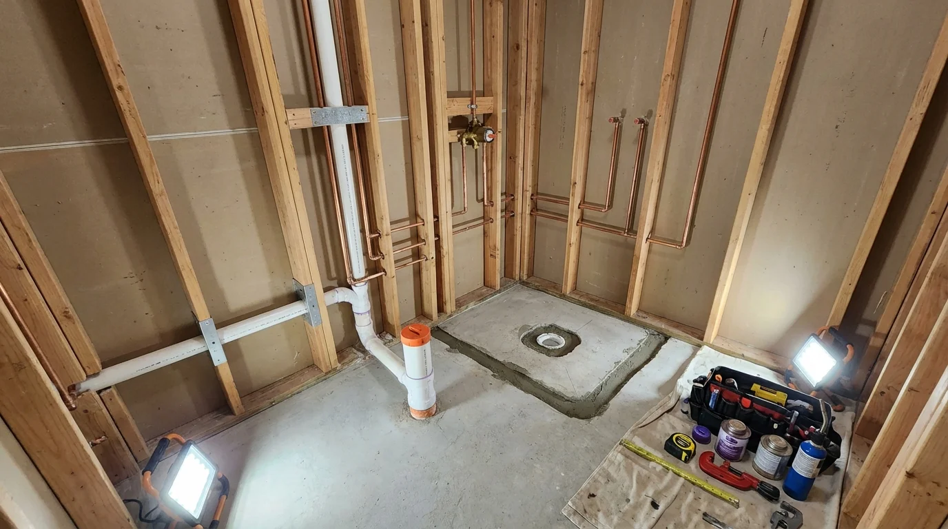 Bathroom rough-in plumbing during remodel by Johns Plumbing LLC in Belgium
