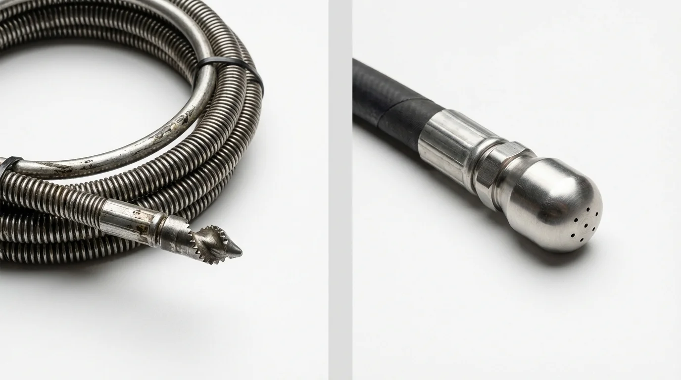 Drain snake cable and hydro jetting nozzle used for drain cleaning in Belgium, WI