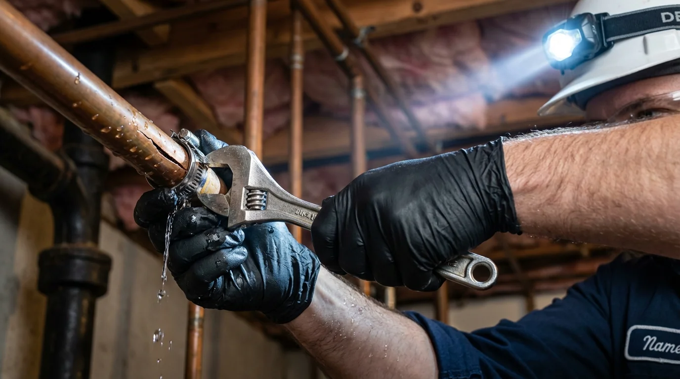 Emergency pipe clamp repair being performed by a Johns Plumbing LLC plumber in Belgium