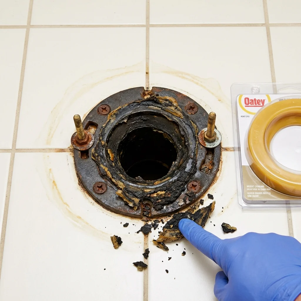 Failed wax ring showing water seepage at the base of a toilet in a Belgium, WI home