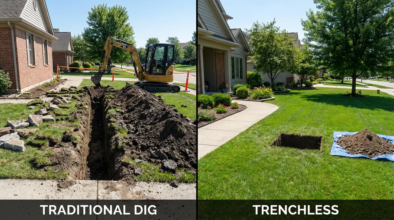Trenchless sewer repair with minimal yard damage versus traditional excavation in Belgium, WI